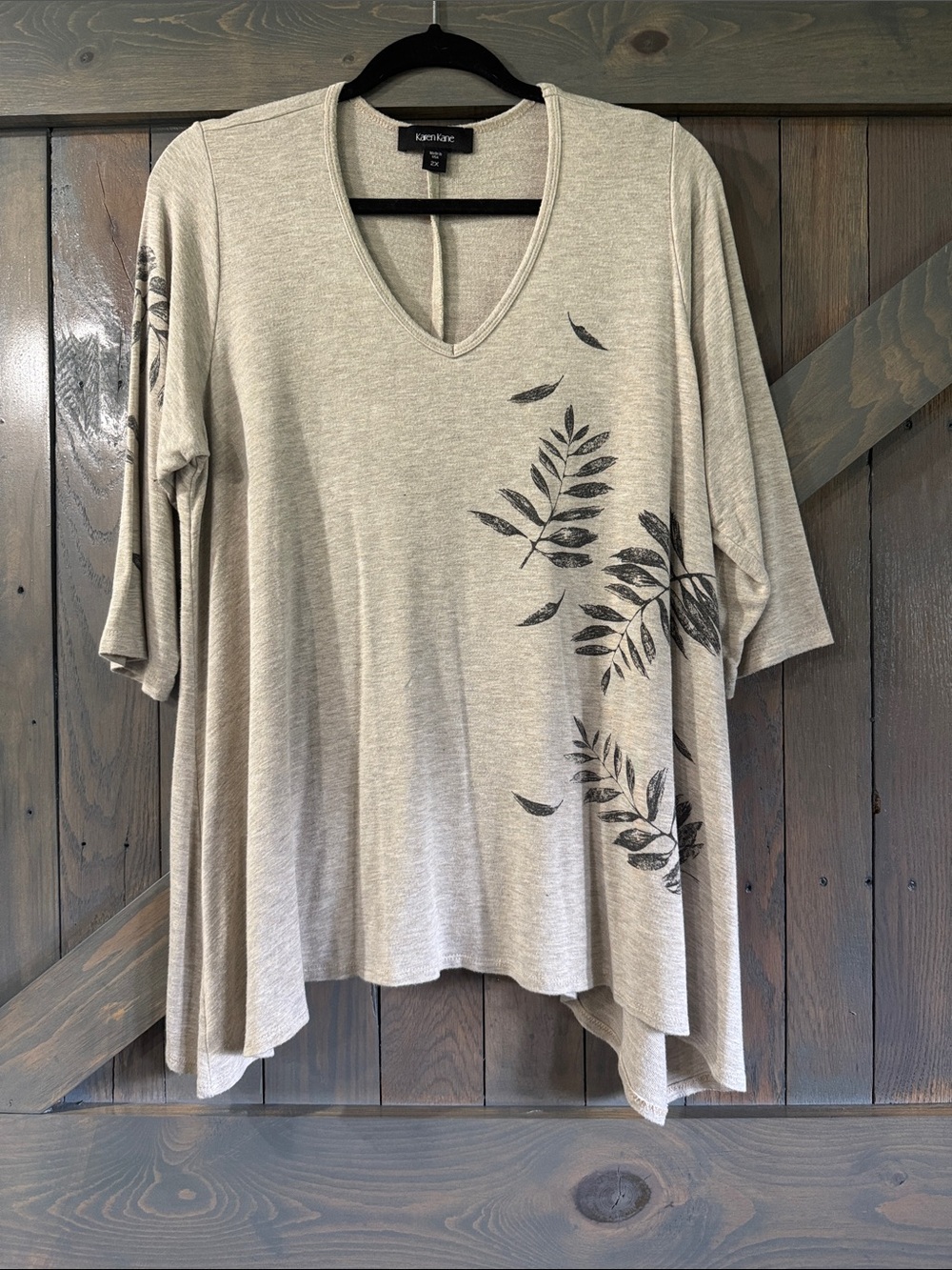 Karen Kane Taupe V-Neck Tunic with Black Leaf Print